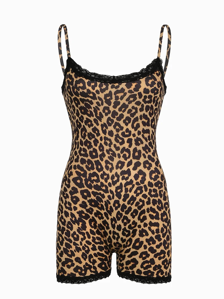 Sleeveless Skinny Sexy Leopard Rompers Contrast Lace Patchwork Camisole Bodys Women Vintage Rave Street Club Playsuit