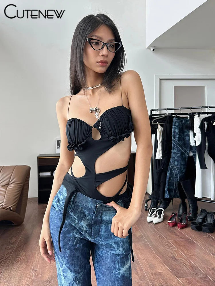 Bodys calados para mujer, sexys, con lazos, sin mangas, espalda descubierta, ajustados, con volantes, impresionantes, de verano, nuevos monos