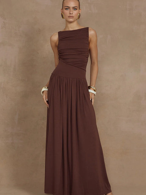 Artcat Elegant Sleeveless Round Neck Bodycon Long Dress For Women Folded Slimming Party Evening Dress Female Tight Vestido