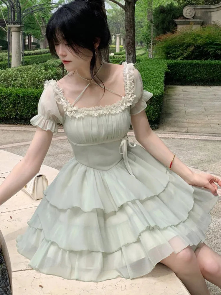 Y2K Princess Birthday Party Dress Lace Patchwork Short Dresses for Women Puff Sleeves Ruffles A-line Cake Vestido Mujer New