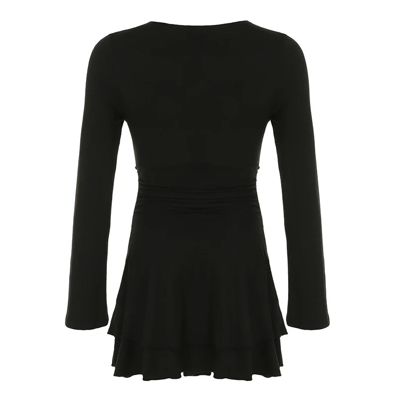 Vestido negro ajustado con escote en V y manga larga, sexy, básico, nuevo, fruncido en capas, corto