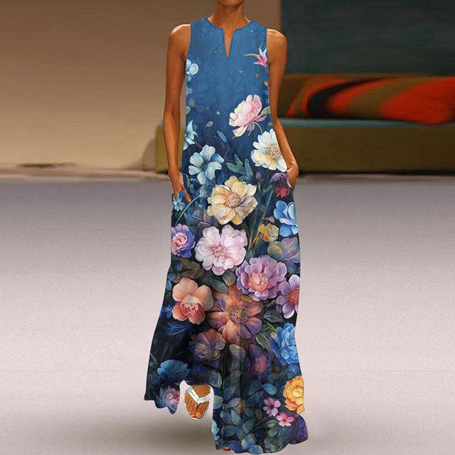 Vestidos largos vintage con estampado de flores para mujer, moda de verano 2025, cuello en V, sueltos, sin mangas, informales, para ir al trabajo