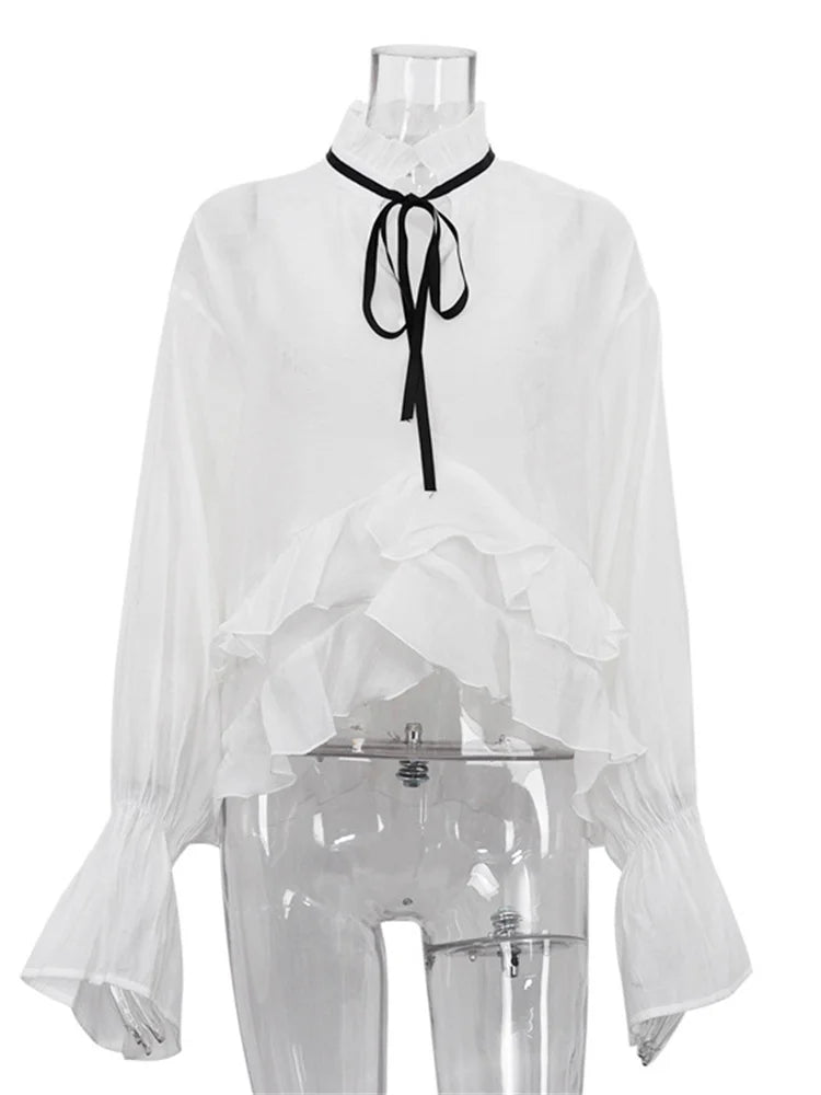 Bandage See-Through Chiffon Shirts Pullover For Women Cover up Patchwork Fashion Summer Lace-Up Women’s Blouse Top