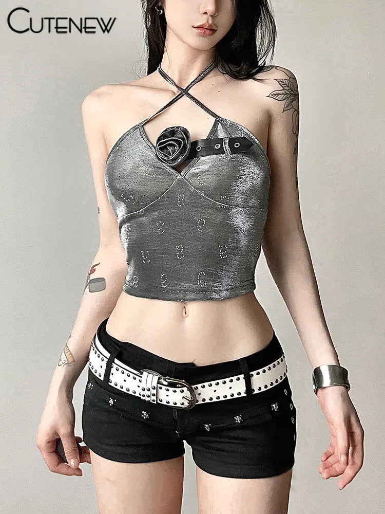 3D Patchwork Camisole Women Summer Shiny Stunning Halter Bandge Skinny Bare Midriff Top Girls Solid Sexy Party Wild Wear