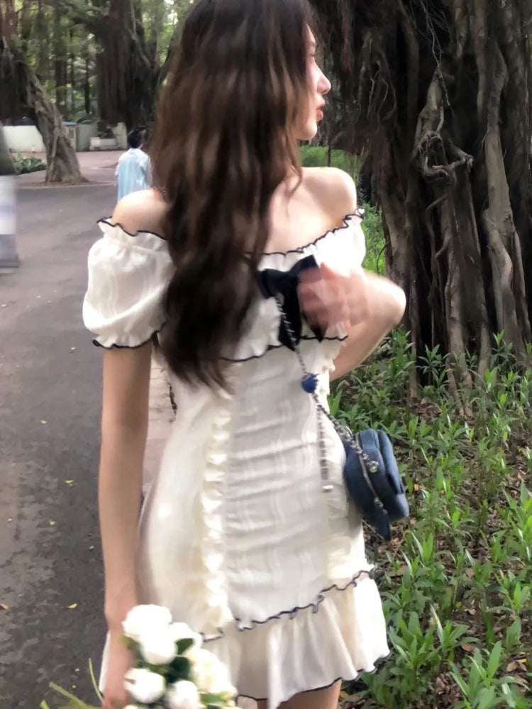 Vestidos cortos con volantes Y2K para mujer, vestido ajustado con hombros descubiertos y mangas abullonadas para fiesta de cumpleaños, moda coreana, nuevos vestidos de verano para mujer