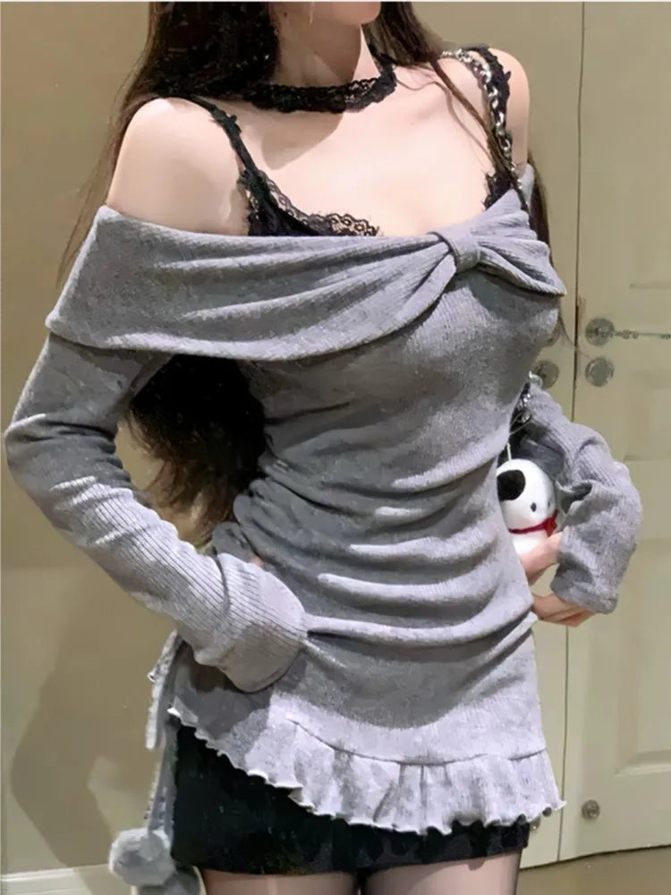 Conjunto de dos piezas de encaje Y2K, minivestidos para mujer, tirantes finos, de punto, estilo coreano, sexy, para fiesta