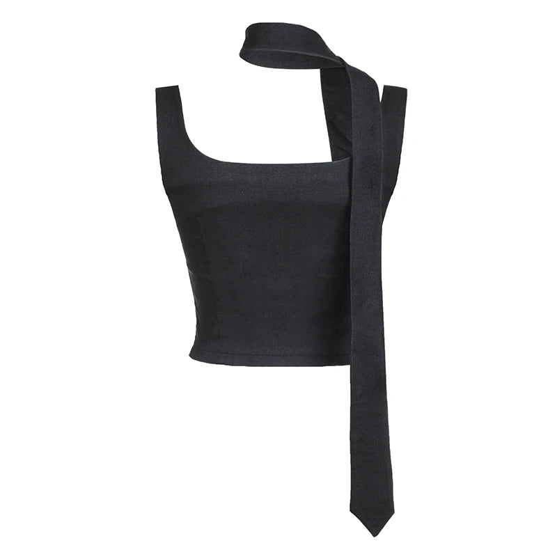 Women Tank Top with Scarf Fashion Basic Sleeveless Button Up Vest Tops Streetwear Vintage Gray Square Collar Camis