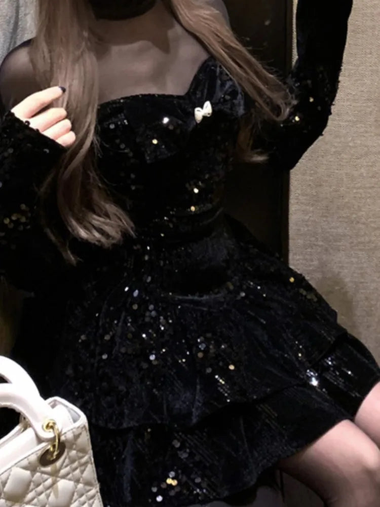 Vestido elegante informal de corte A para mujer, color negro, estilo vintage de terciopelo, a la moda, para fiestas, noches y Navidad