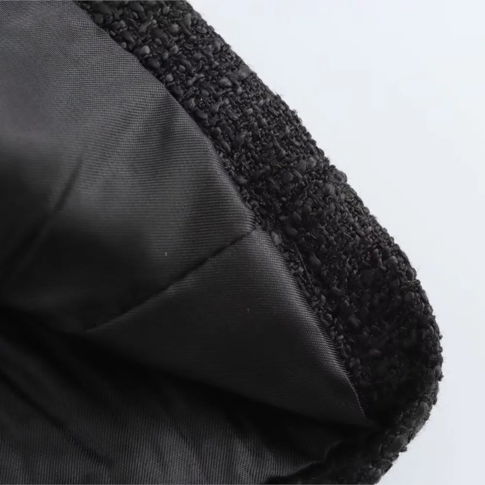 Abrigo de tweed negro de lana suave con cuello redondo para otoño, chaqueta corta vintage con bolsillos delanteros y botones de un solo pecho, chaqueta elegante