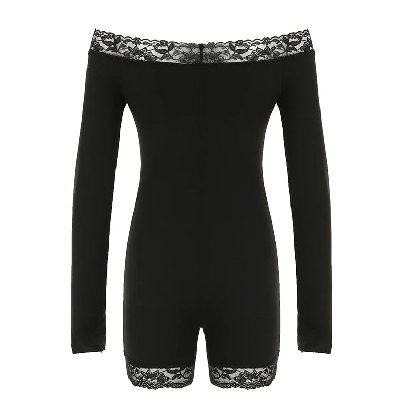 Slim Black Lace Trim Playsuit Women Sexy Comfortable Long Sleeve Classical Rompers s New Chic