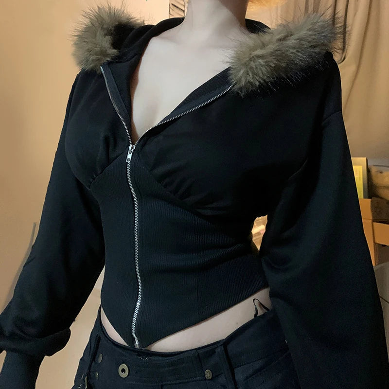 Cárdigan con capucha y ribete de piel Y2K para mujer, chaqueta corta ajustada negra básica, abrigo vintage de los años 90 con cremallera, ropa de calle Harajuku