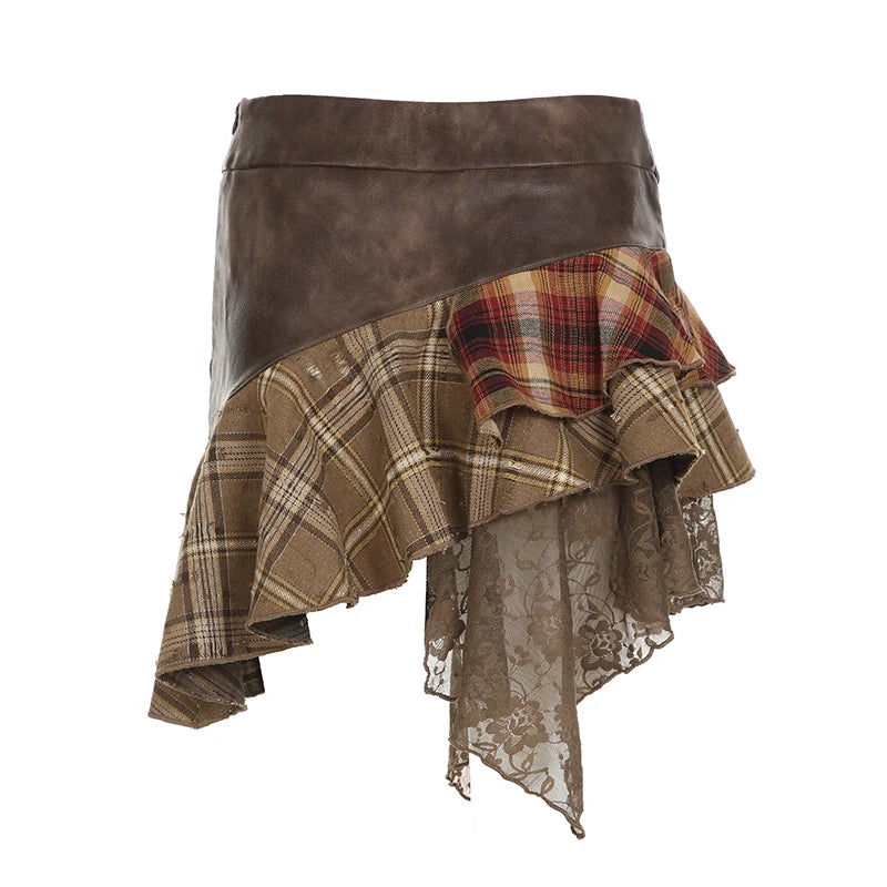 Minifaldas asimétricas estilo retro americano para mujer, con encaje, rayas, cuadros, cuero, irregulares, diseño elegante, vestidos cortos.