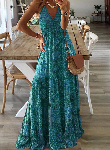 2025 Spaghetti Strap Dresses For Women Vintage Printed Bohemian Style Beach Dress Fashion Sexy V-neck Lady Maxi A-line Vestidos