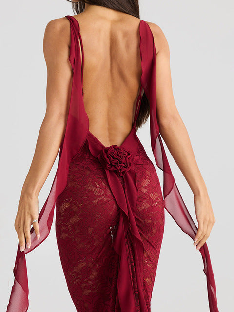 Sexy Sleeveless Lace Patchwork Print Women Backless Party Evening Dress 2025 New Trailing Long Skirt Flowing Vestido