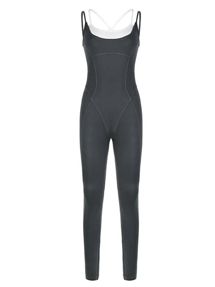 Mono deportivo gris informal sin mangas con escote halter, espalda descubierta y contraste de patchwork para mujer