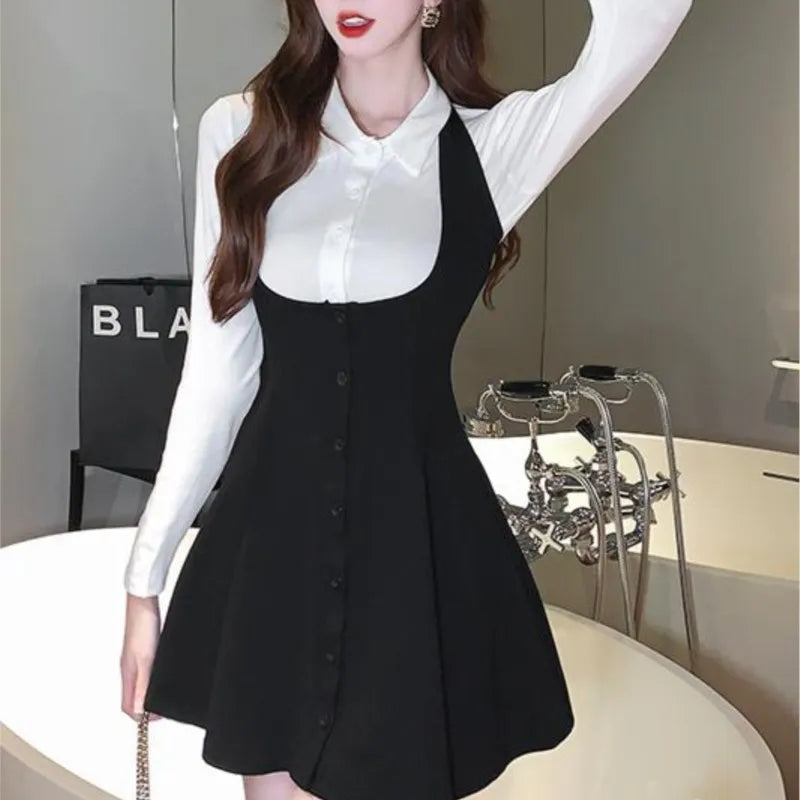Autumn New Two-piece Skirt Sets Women Long Sleeve White Blouse High Waist Halter Mini Dress Korean Fashion Y2K Harajuku Outfits