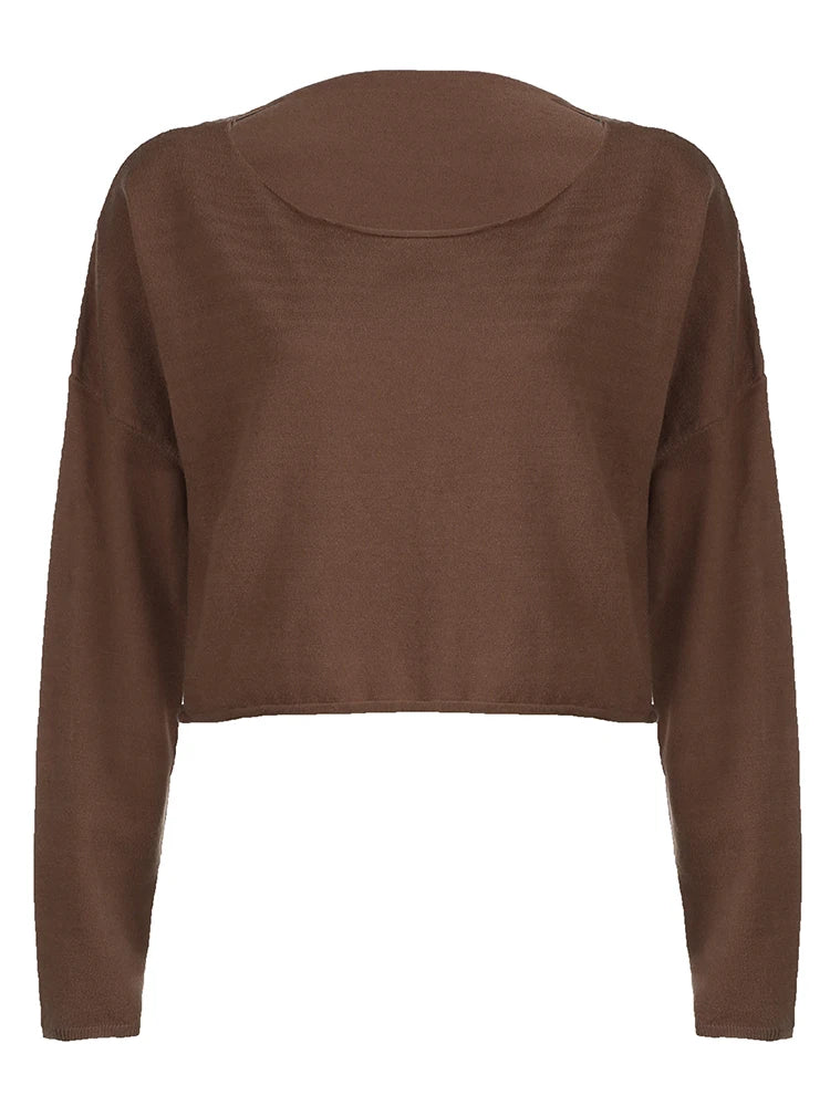 American Retro Casual Loose Knitted Pullover Jumpers For Women O Neck Long Sleeve Brown Solid Spring Autumn Sweaters