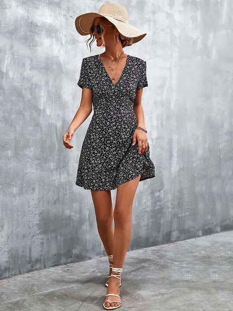 Summer Short Boho Dress Women V Neck Print Floral Party Dress Ladies Bohemian Flower Mini Dress For Women