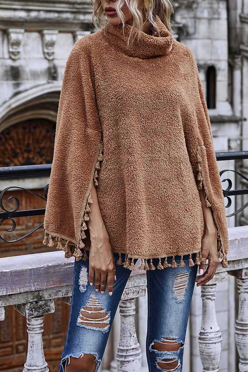 Loose High Neck Cape Coat With Fringed