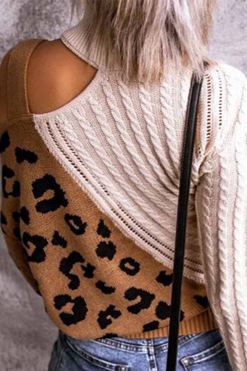 Turtleneck Leopard Print Patchwork Cold Sweater
