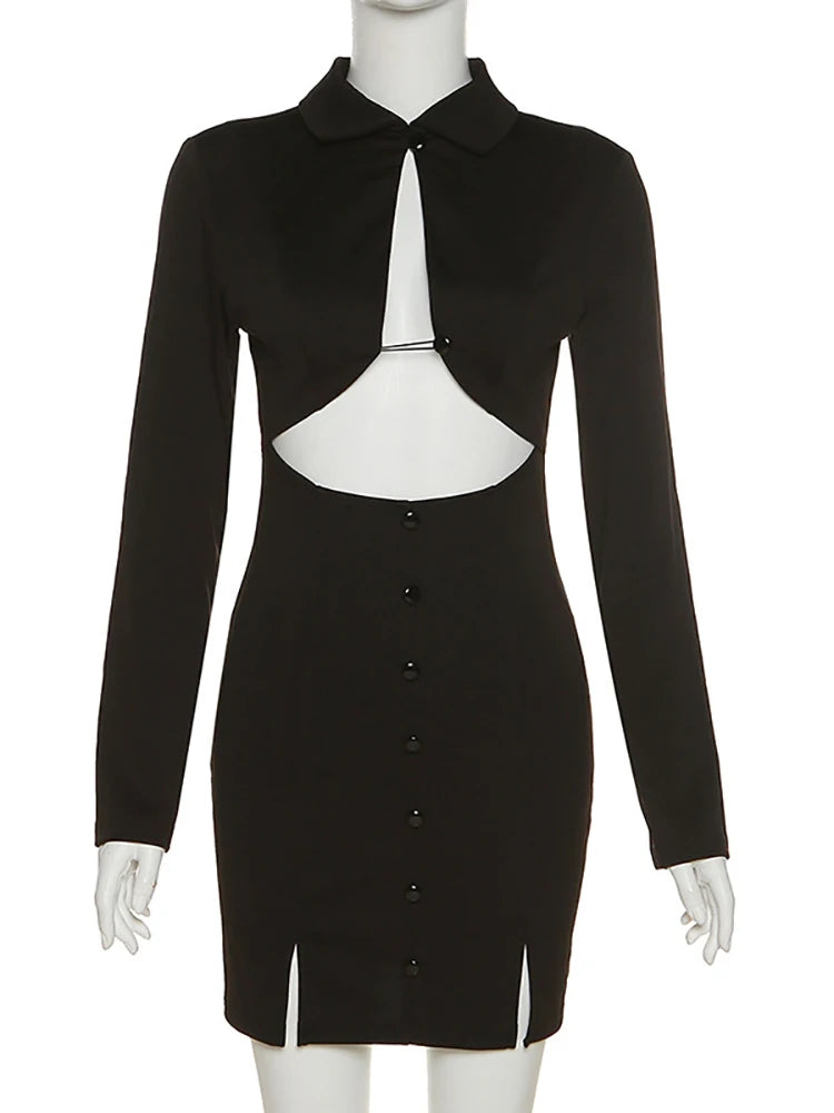 Vestido mini negro para mujer, vestido sexy ajustado de verano con agujeros para otoño, elegante vestido cruzado a la cadera para fiesta nocturna.