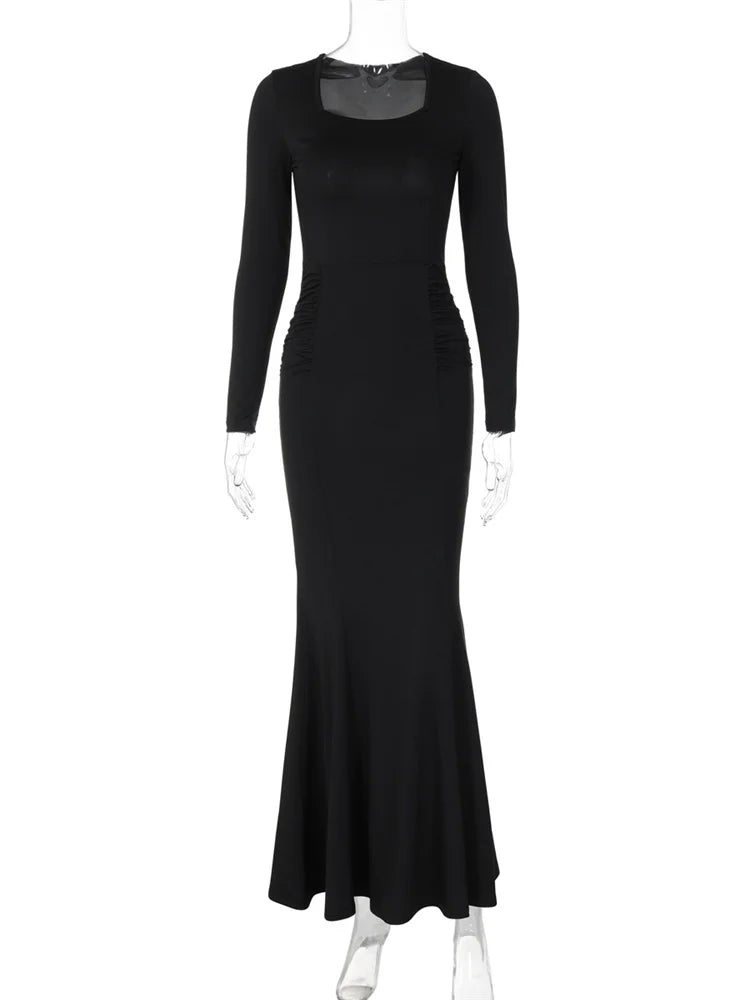 Autumn Fashion Black Maxi Dress Women’s Square Collar High Waist Slim Elegant Party Dress Gown Female Solid Long Dress New