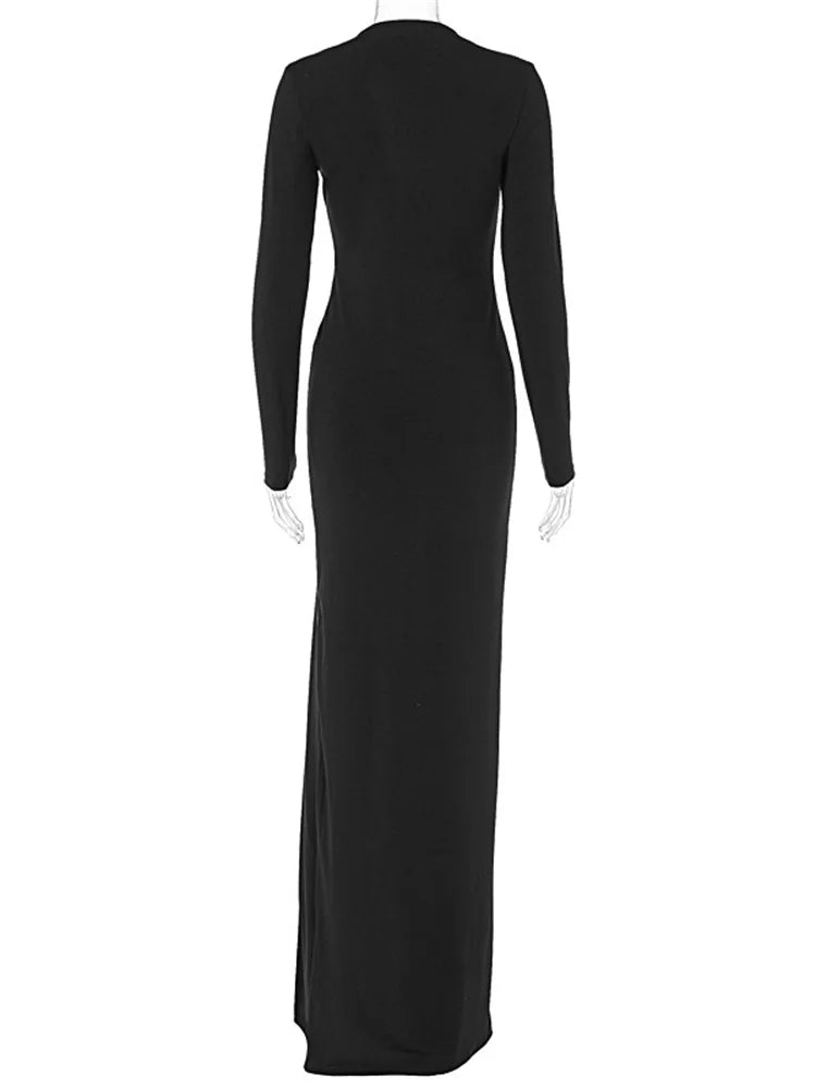 Black V-Neck Hollow Out Maxi Dress Women’s Sexy Slim High Split Long Sleeve Party Dress Fashion See-Through Long Dress New