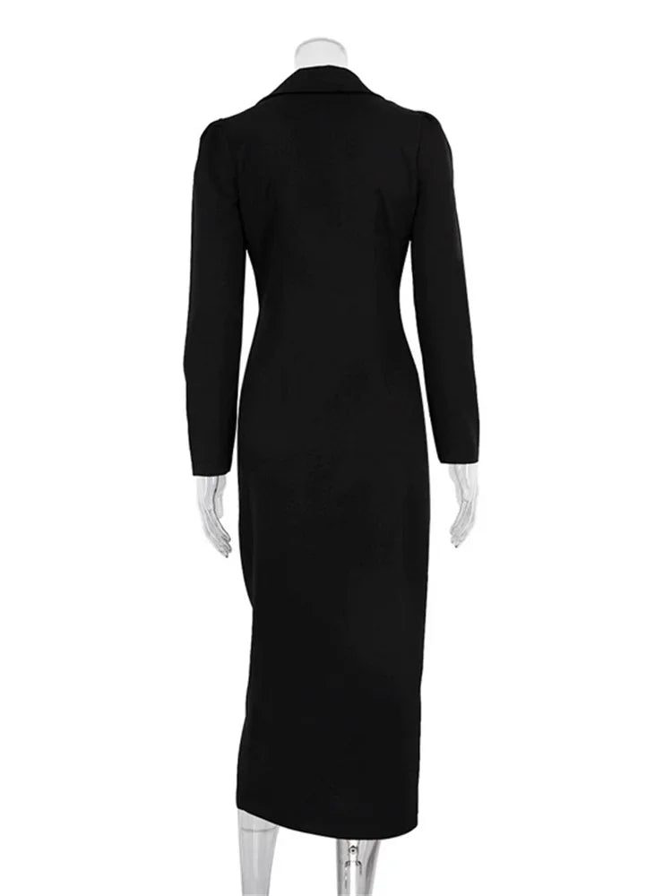 Black Zipper Lapel Maxi Dress For Women Cardigan Fashion Patchwork Vintage Slim High Waist Elegant Streetwear Women Dress