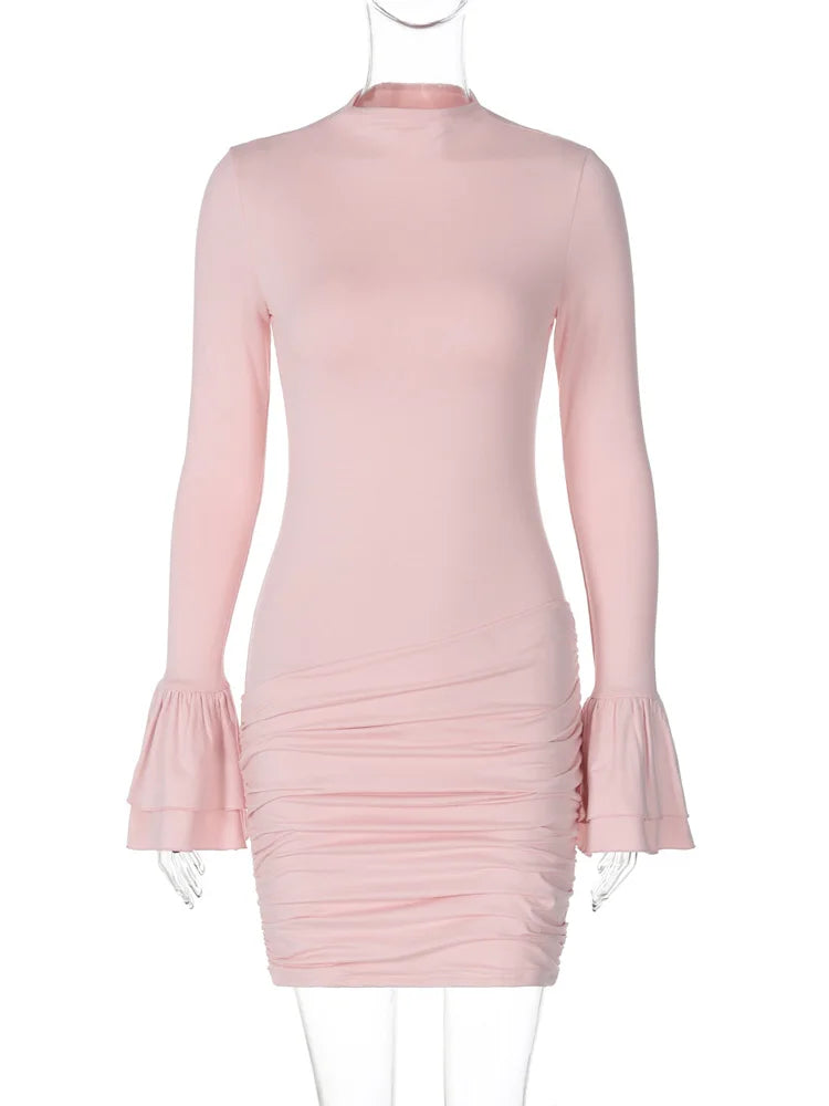 Vestido mini informal plisado de cintura alta para mujer, con volantes y retazos, ajustado, elegante, de manga larga, sexy