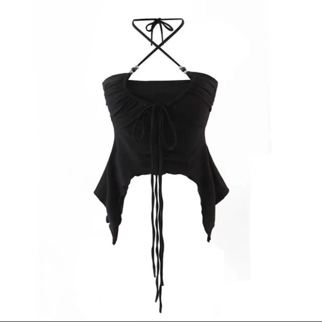 Camisola corta sexy punk con cordones para mujer, sin espalda, estilo veraniego, para discoteca, color negro, Y2K