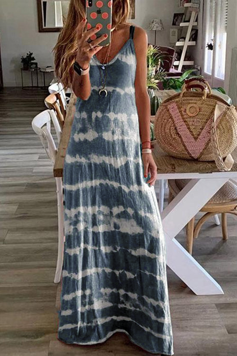 V Neck Spaghetti Strap Tie-Dye Casual Maxi Dress(3 Colors)