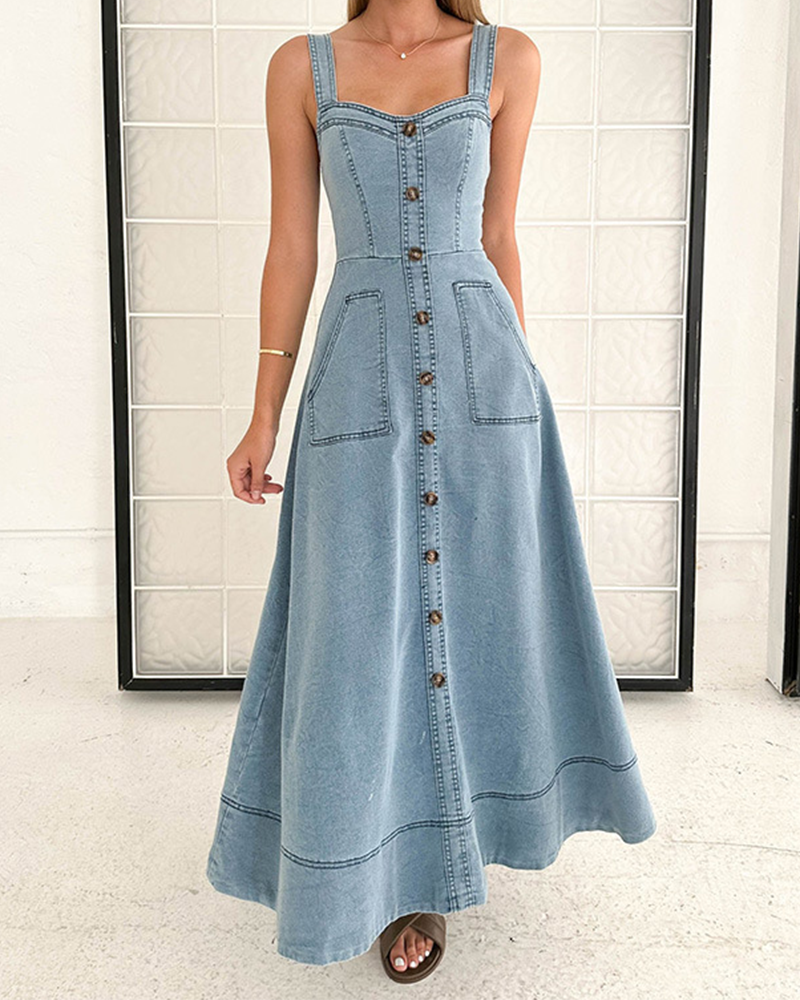 High Waist Denim Maxi Skirt With Suspenders