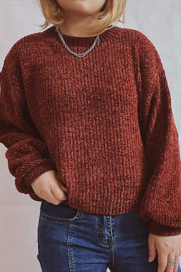Solid Color Casual Round Neck Lantern Sleeve Short Knitted Sweater
