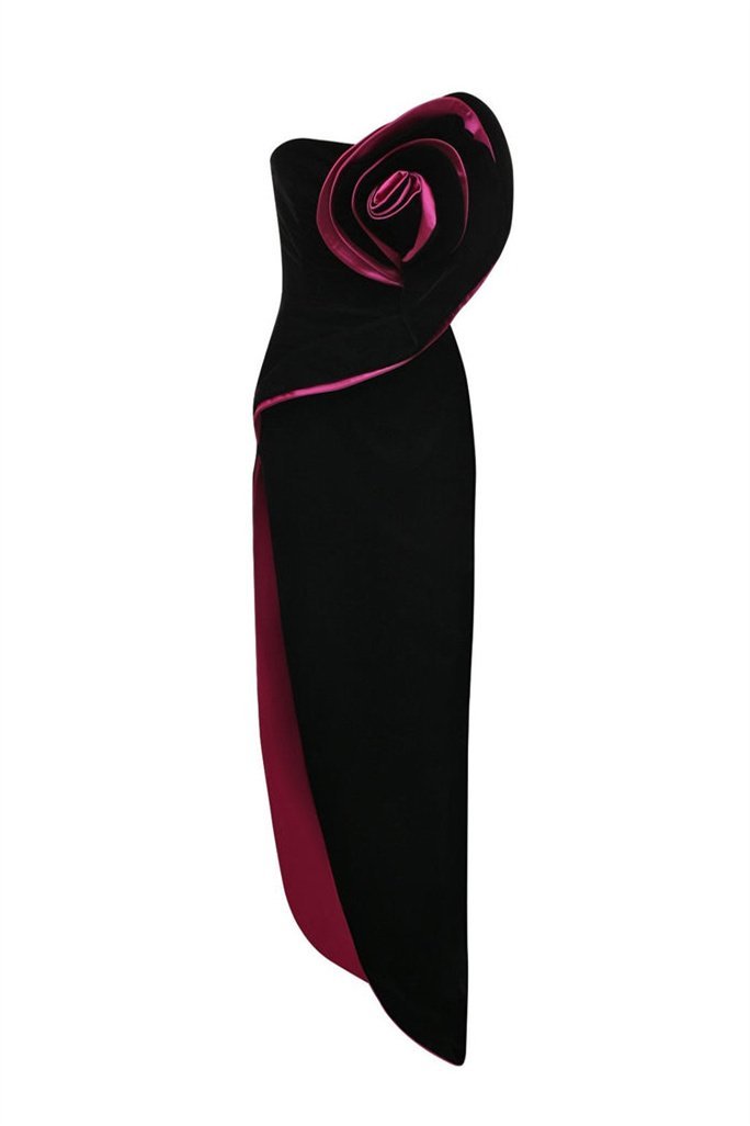 Vestido largo asimétrico con flores de terciopelo Barbara