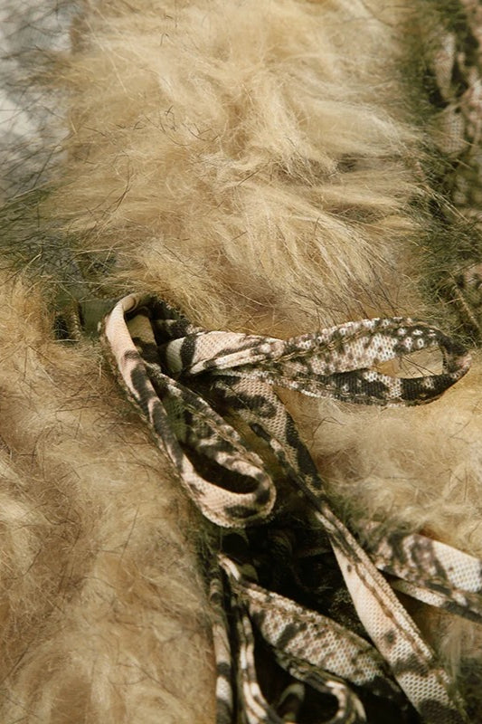 Leopard Fur Trim Mesh V-Neck Blouse