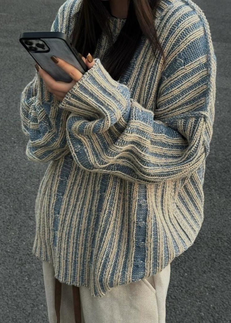 Striped Knit Oversized Sweater - Cozy Long Sleeve Pullover