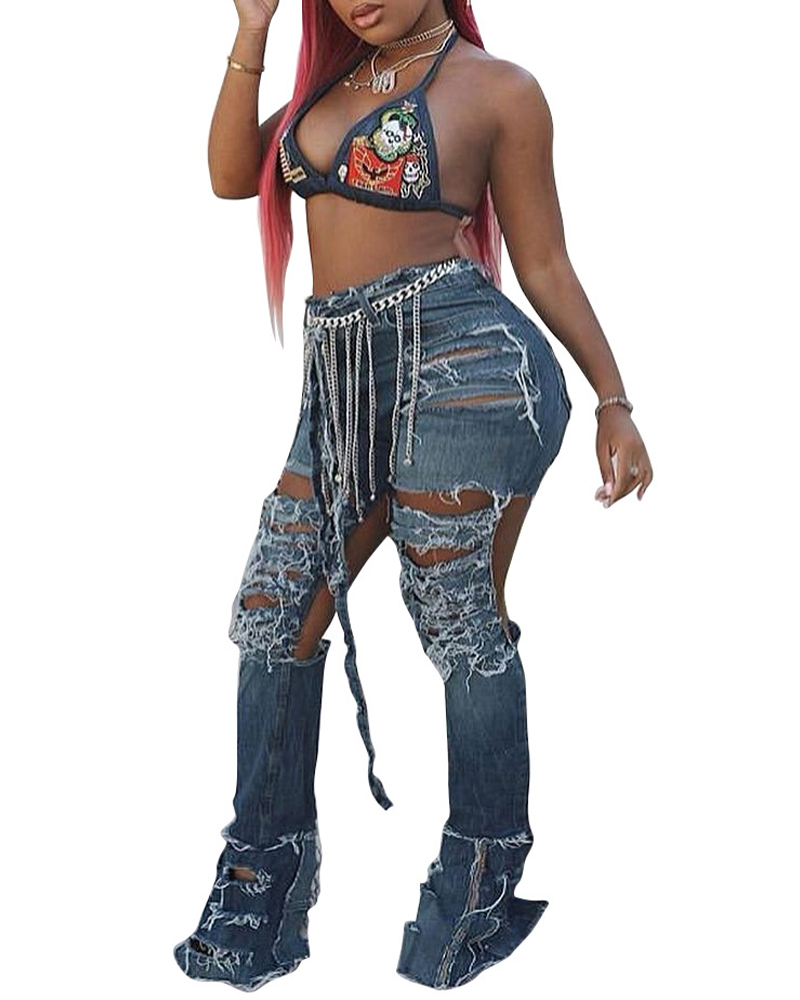 Panelled Ripped Slim-Fit Flared Trousers