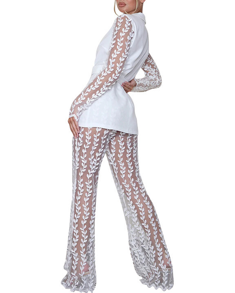 Lace Long-Sleeved Top Flared Pants Suit