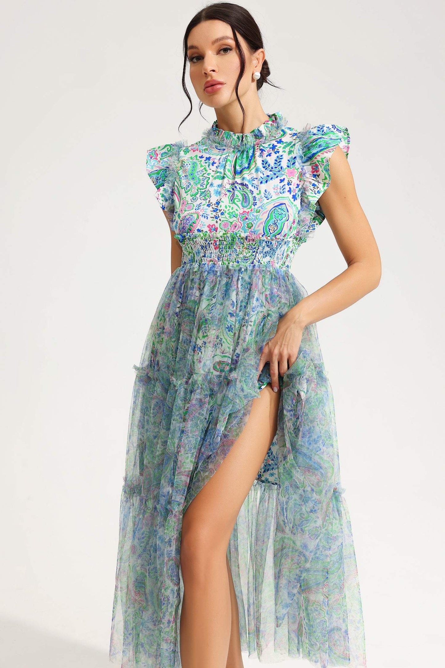 Abstract Print Flutter Sleeve Crew Collar Midi Dress