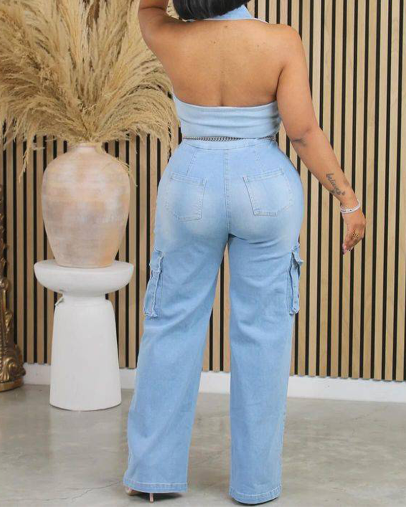High-Waisted Denim Straight-Leg Jumpsuit