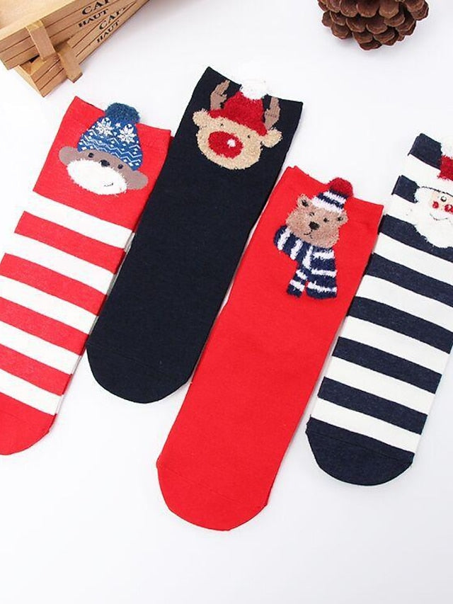 Crew Socks Party Christmas Gift Animal Multi Color Spandex Nylon Cotton Basic Casual Warm Cute 4 Pairs for Women