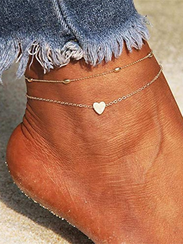 layered anklets women heart gold ankle bracelet charm beaded dainty foot jewelry for women and teen girls summer barefoot beach anklet for Women