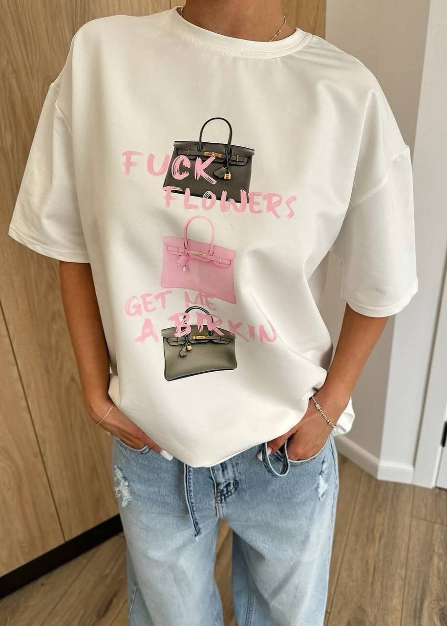 Birkin Statement Tee – Oversized White T-Shirt with Graphic Bag Print