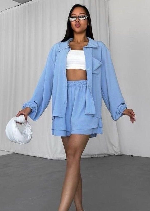 Skye Soft Blue Set – Oversized Button Shirt & Elastic Shorts