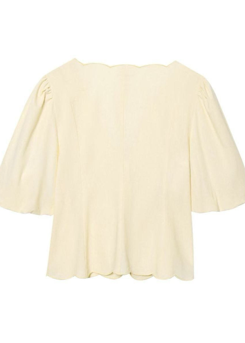 Limonetta - Scalloped Tie-Front Blouse & Wide-Leg Pants Set