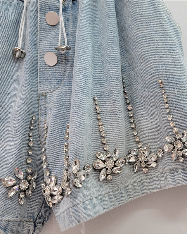 Diamond Beaded High Waist Loose Skinny Denim Wide Leg Shorts