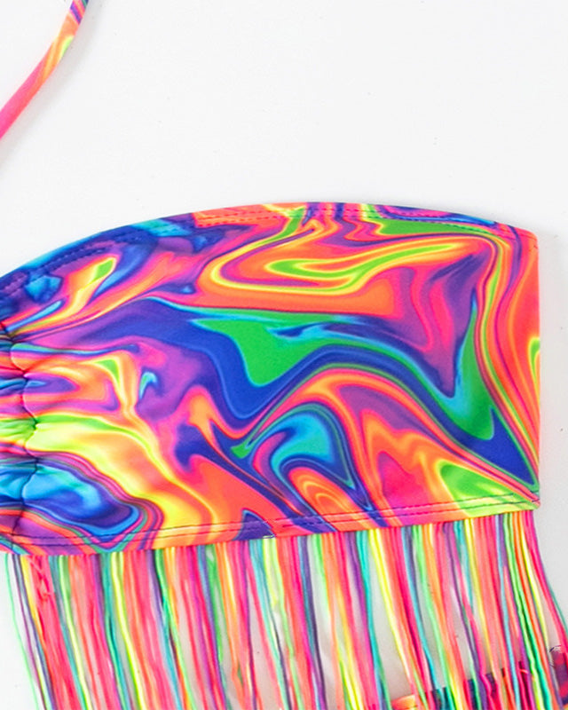 Printed Tassel Long-Sleeved Four-Piece Swimsuit