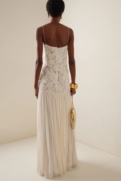 Andrea Floral Applique Pleated Chiffon Maxi Dress