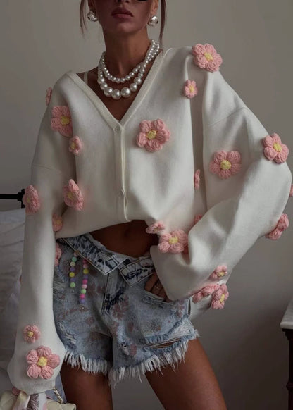 Blush Bloom - 3D Floral Knit Cardigan with V-Neck