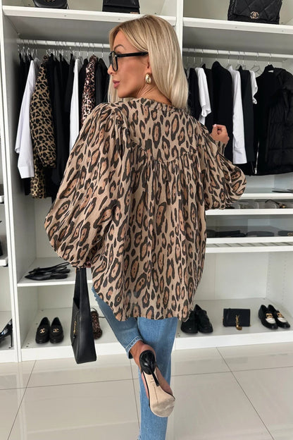 Leopard Print Loose Fit Long Sleeve Blouse